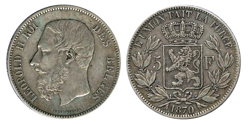 Бельгия 5 франков, 1870 год. Леопольд II