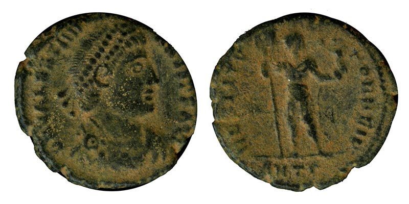 Император Грациан, 378-383 г.г. н.э.Фоллис CONCORDIA AVGGG , Виктория венчает Императора
