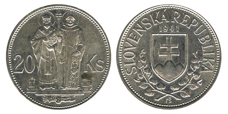Словакия 20 крон, 1941 год. Святые Кирилл и Мефодий