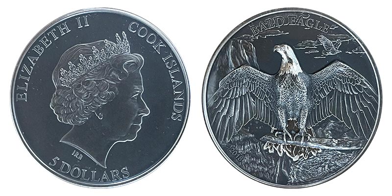 Острова Кука 5 долларов, 2018 год. Лысый орел. Ag 999, 31,1 гр