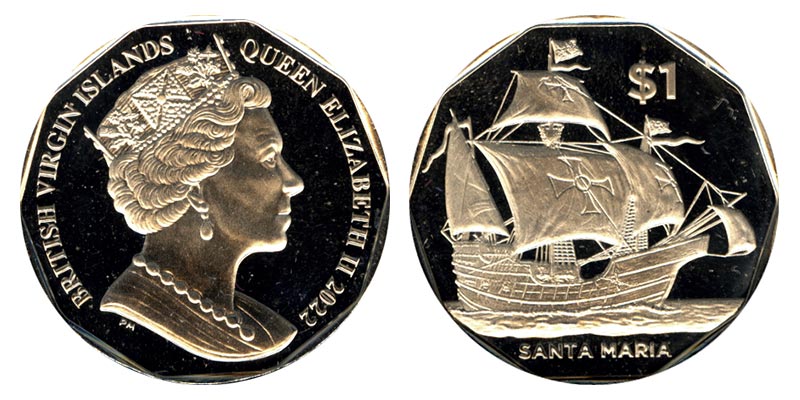 Британские Виргинские острова 1 доллар, 2022 год. Корабль Санта-Мария