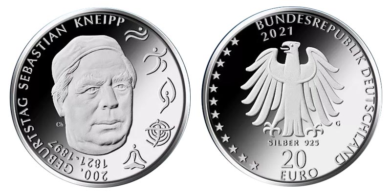 Германия 20 евро, 2021 год. 200 лет со дня рождения Себастьяна Кнейппа. Ag 925, 18 гр