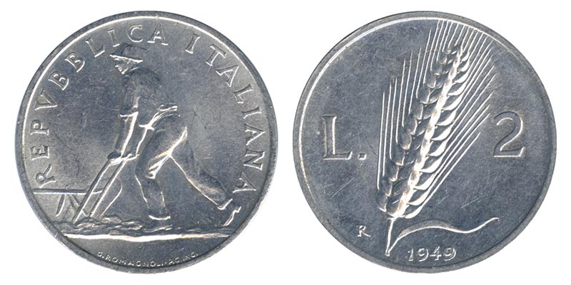 Италия 2 лиры, 1949 год