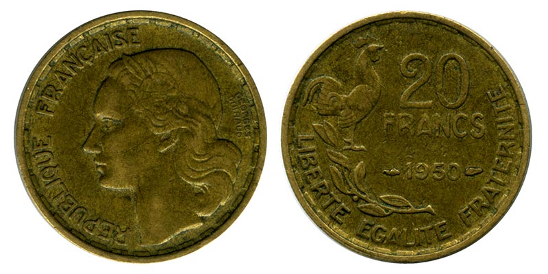 Франция 20 франков, 1950 год. Редкая