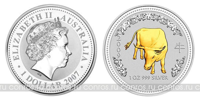 Австралия 1 доллар, 2009 год. Год быка, позолота
