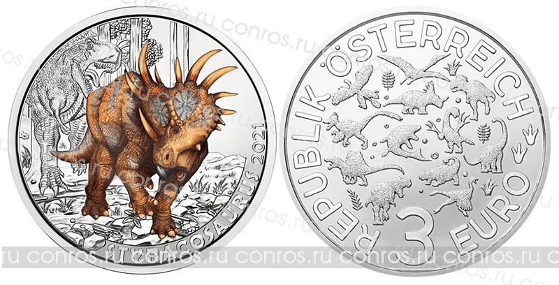 Австрия 3 евро, 2021 год. Суперзавры - Стиракозавр