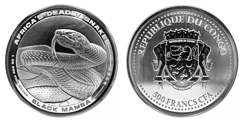 Конго, 500 франков 2022. Змея. Черная мамба. Ag999, 31,1 гр