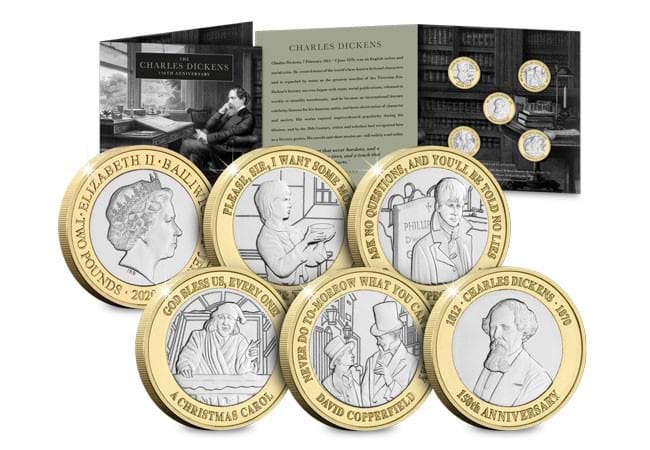 Набор монет. Остров Джерси 2 фунта, 2020 год. 150 лет Чарльзу Диккенсу. (5 шт)