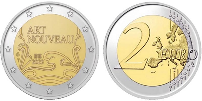Бельгия 2 евро, 2023 год. 130 лет стилю Ар-Нуво в Бельгии. Блистер. Вариант 1