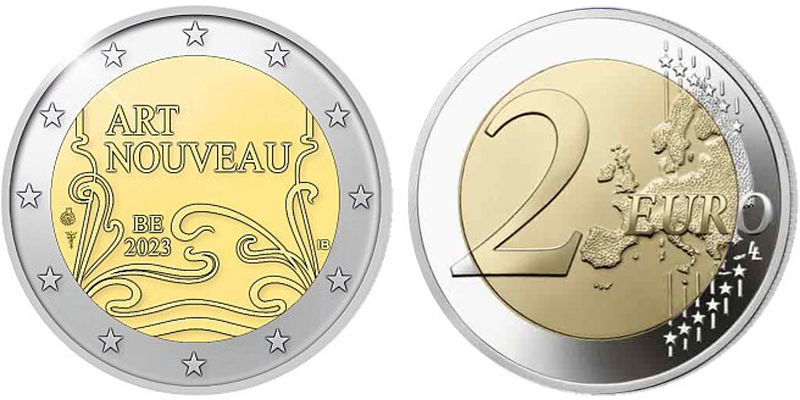 Бельгия 2 евро, 2023 год. 130 лет стилю Ар-Нуво в Бельгии. Блистер. Вариант 2