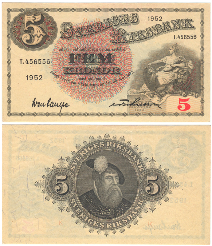Бона. Швеция 5 крон, 1952 год