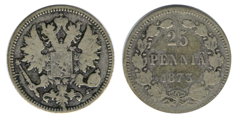 Россия 25 пенни, 1873 год.  Ag750, 1,27 гр