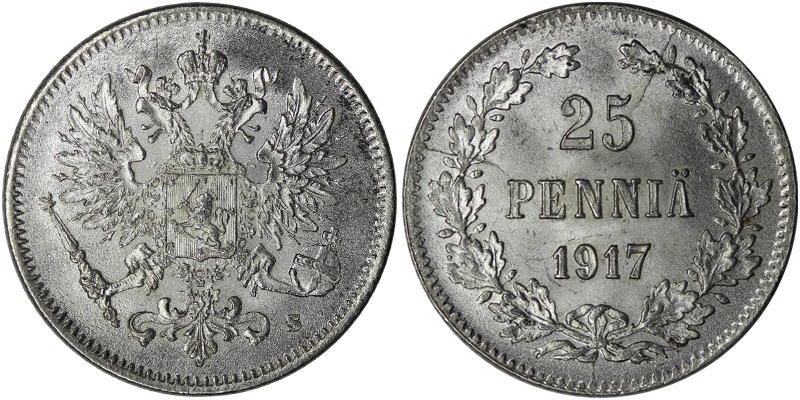 Россия 25 пенни, 1917 год. Корона. Ag750, 1,27 гр