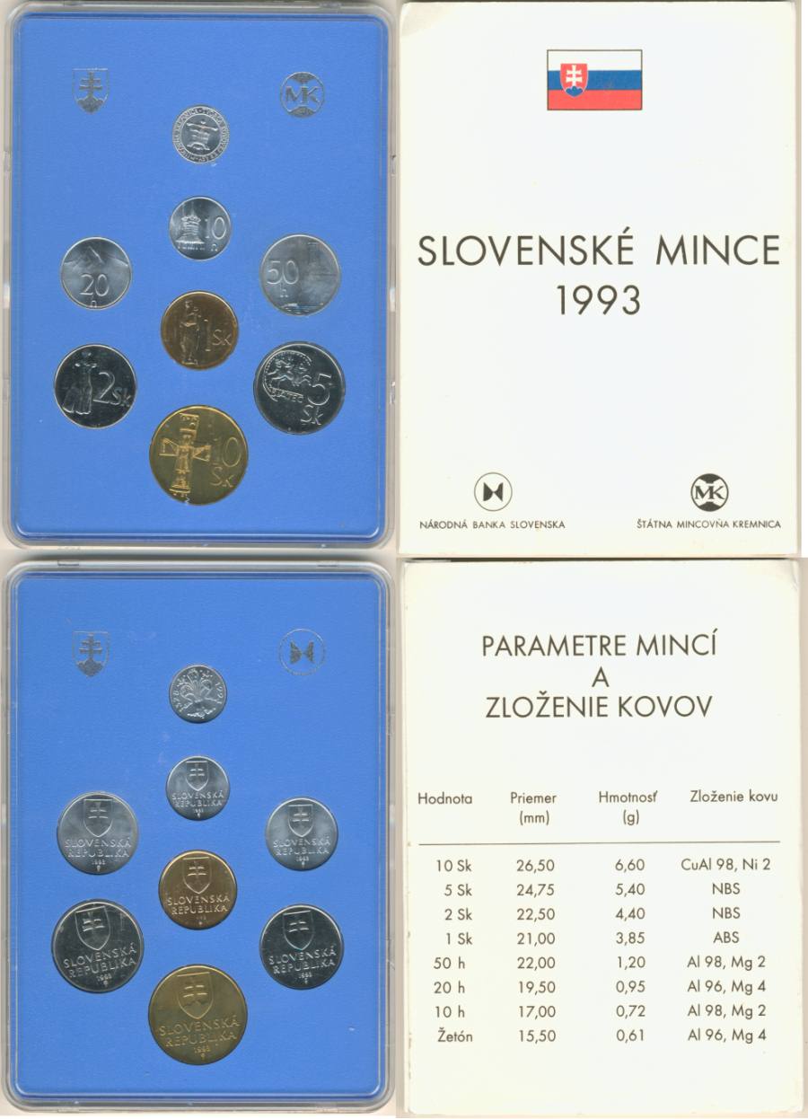 Набор монет. Словакия, 1993 год. (7 шт.) В планшете + жетон