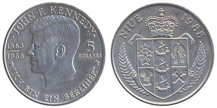 Ниуэ 5 долларов, 1988 год. Джон Кеннеди