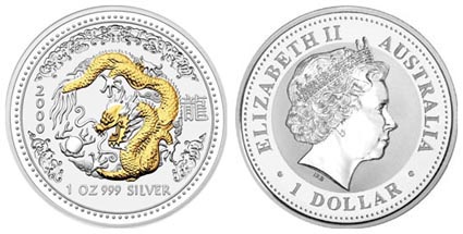 Австралия 1 доллар, 2000 год. Год дракона, позолота
