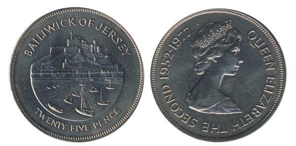 Остров Джерси 25 пенсов, 1977 год. 25 летний юбилей правления Елизаветы II