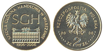 Польша 2 злотых, 2006 год. Столетие Варшавской школы экономики