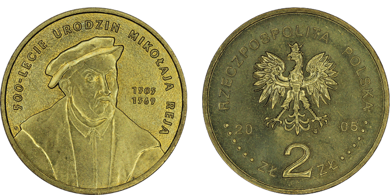 Польша 2 злотых, 2005 год. 500-летие со дня рождения Николая Рея