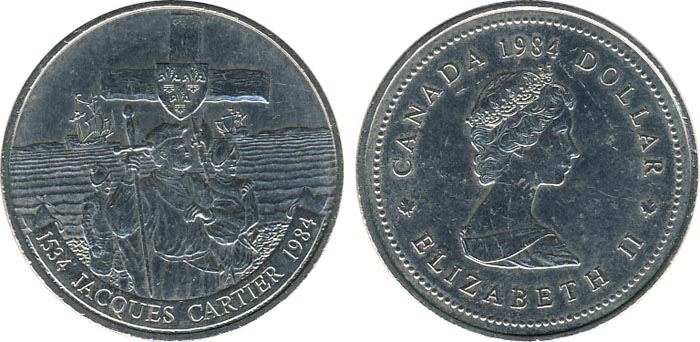 Канада 1 доллар, 1984 год. 450 лет с момента открытия Гаспе. Жак Картье