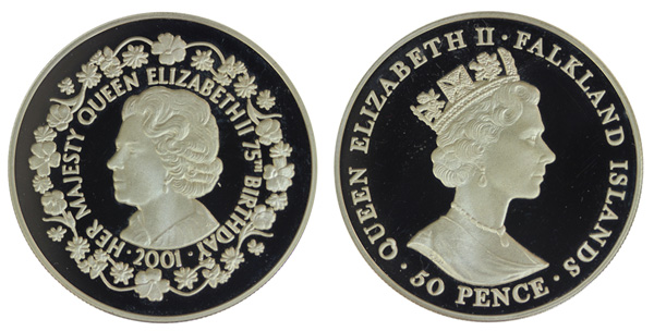 Фолклендские острова 50 пенсов, 2001 год. 75-летие Елизаветы II