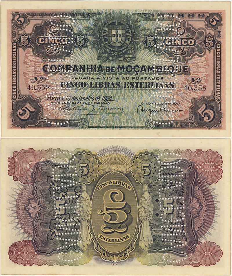 Бона. Мозамбик 5 фунтов, 1934 год