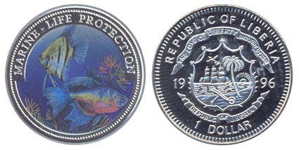 Либерия 1 доллар, 1996 год. Рыбы