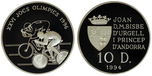 Андорра 10 денье, 1994 год. XXVI Олимпийские игры 1996. Велосипедисты
