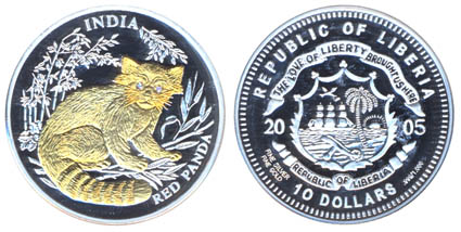 Либерия 10 долларов, 2005 год. Красная панда