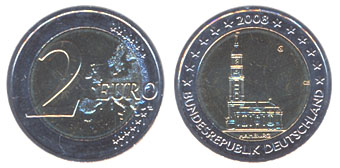 Германия 2 евро, 2008 год. Гамбург J