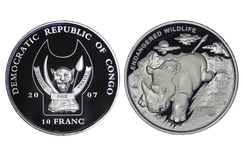 Конго 10 франков, 2007 год. Носорог