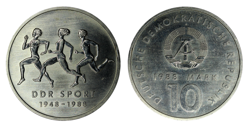 Германия (ГДР) 10 марок, 1988 год. 40 лет спорту ГДР