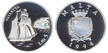 Мальта 5 лир, 1994 год. Корабль Валлетта