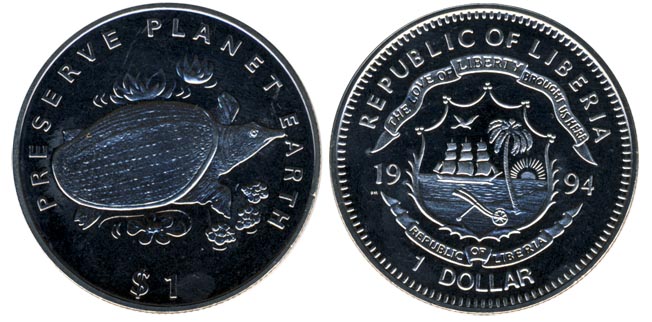 Либерия 1 доллар, 1994 год. Дальневосточная черепаха