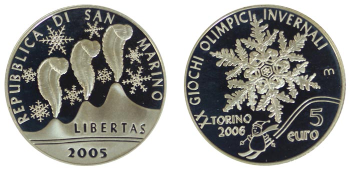 Сан-Марино 5 евро, 2005 год. XX Олимпийские зимние игры в Турине. Снежинка