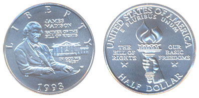 США 1/2 доллара, 1993 год. Джеймс Мэдисон. UNC