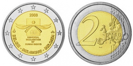 Бельгия 2 евро, 2008 год. 60 лет Декларации прав человека