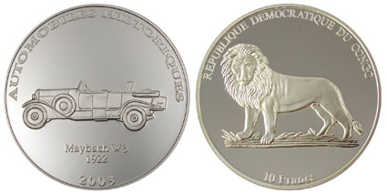 Конго 10 франков, 2003 год. Исторические автомобили серия III Майбах W 3 1922