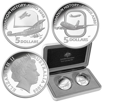 Набор монет. Австралия 5 долларов, 2008 год. История авиации. (2 шт.)