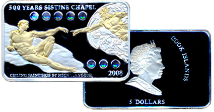 Острова Кука 5 долларов, 2008 год. 500-летие Сикстинской капелле