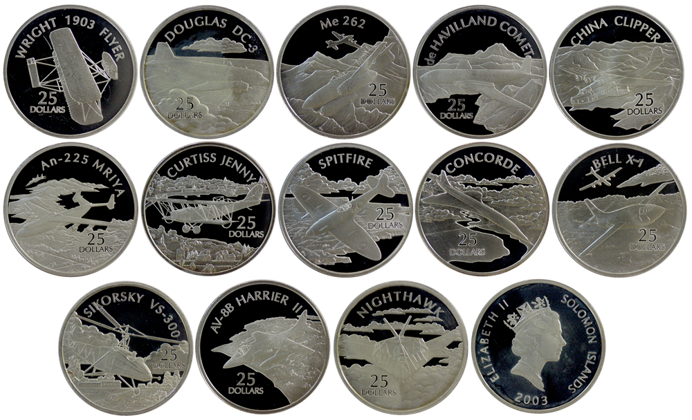 Набор монет. Соломоновы острова 25 долларов, 2003 год. Авиация. (13 шт.) Ag999, 31,1 гр