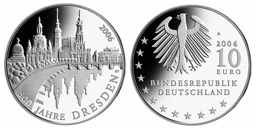 Германия 10 евро, 2006 год. Дрезден. (Proof)