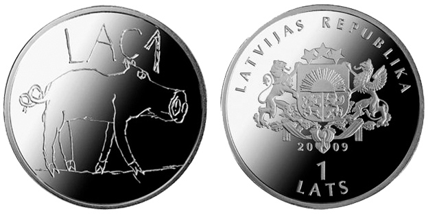 Латвия 1 лат, 2009 год. Поросёнок