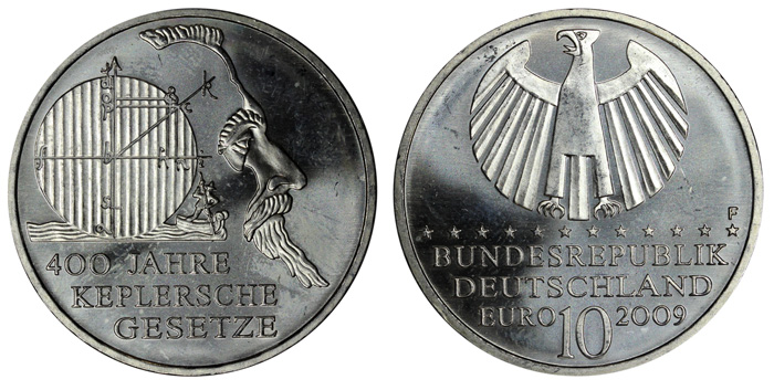 Германия 10 евро, 2009 год. 400-летие законам Кеплера