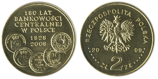 Польша 2 злотых, 2009 год. 180 лет Центральному Банку Польши