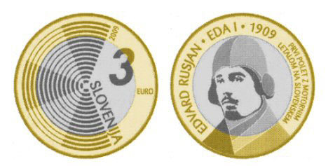 Словения 3 евро, 2009 год. Эдвард Русян. Первый воздушный полёт над Словенией