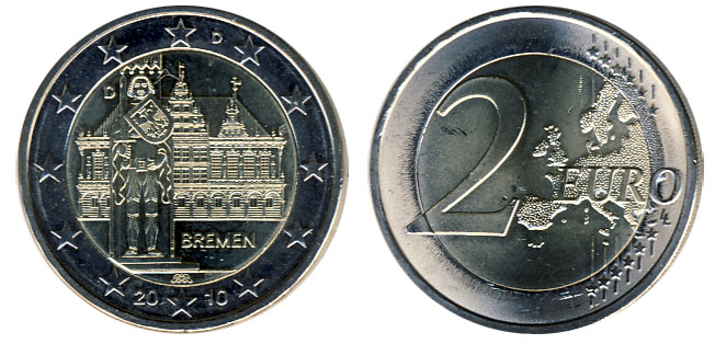 Германия 2 евро, 2010 год. Бремен. D