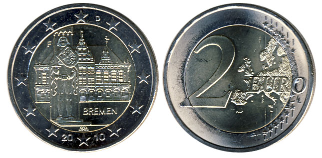 Германия 2 евро, 2010 год. Бремен. F