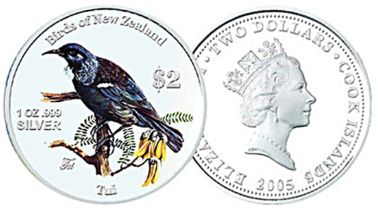 Острова Кука 2 доллара, 2005 год. Птица. Новозеландский туи