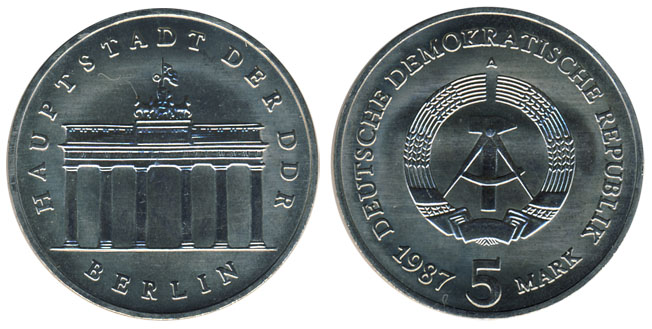 Германия 5 марок, 1987 год. Берлин. Бранденбургские ворота